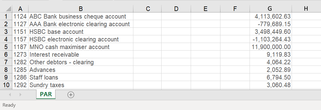 Image shows a valid Excel file import with data in the correct columns. Columns A, B and G have been populated.